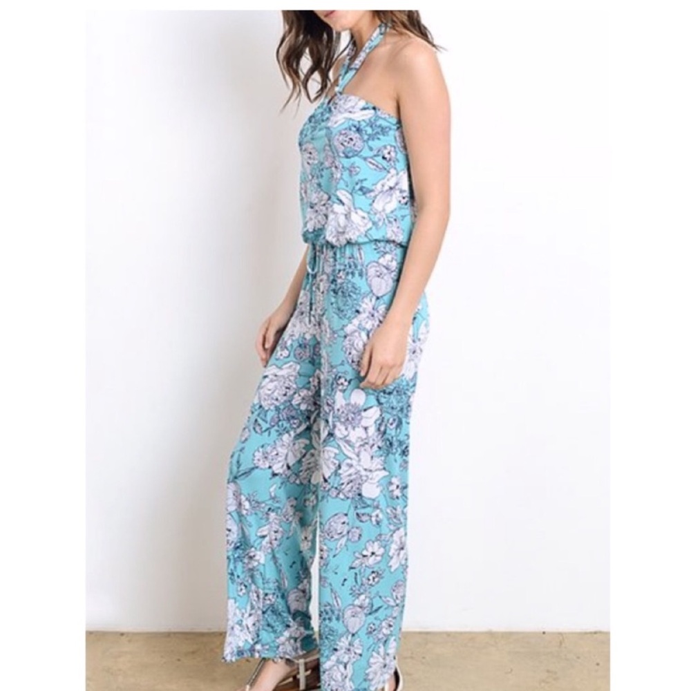 Stretchy Aqua Blue Floral Wide Leg Halter Jumpsuit - Picture 2 of 4